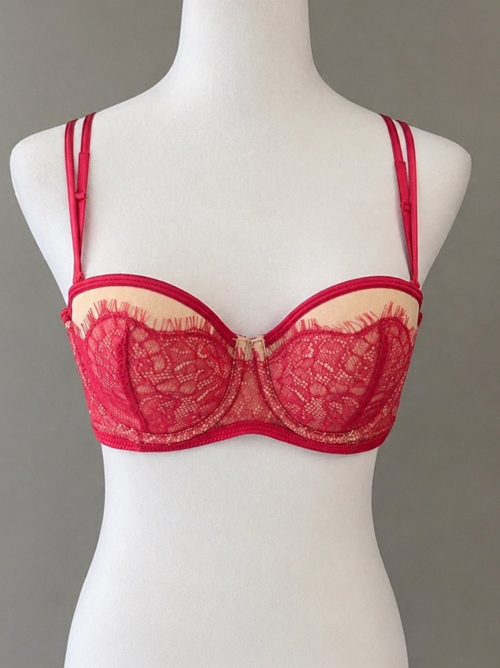 Blush Lingerie Strappy Lace Balconette Bra 32B Red Nude Sexy